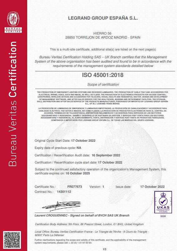 Certificado Seguridad y Salud en el trabajo Legrand ISO 45001 2018